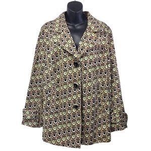 R.Q.T. Women's Big Button Jacket Brown Green Abstract Stretch Lined Size XL